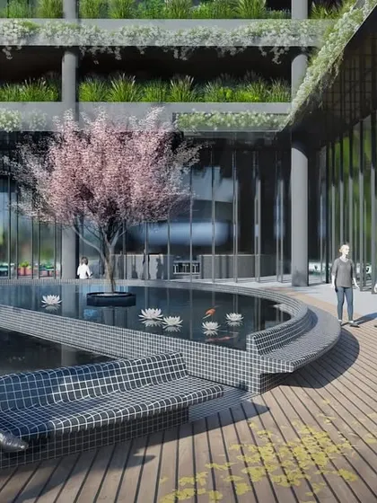 For the MSR Tower in Bangalore, I designed breakout spaces that serve as green oases within a vertical campus. This render shows a serene water feature and seating area, a space for pause and informal interaction that brings Bangalore's garden-city spirit into the modern workplace.