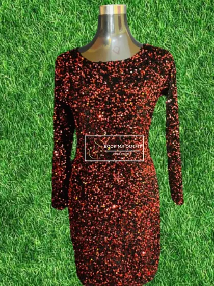 Our red sequin bodycon dress, displayed on a mannequin. This view shows the sleek, long-sleeved silhouette, a perfect choice for a bold and confident party look.