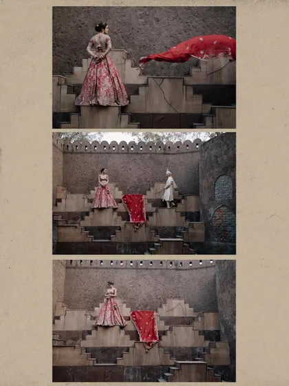 A creative collage showing the couple at a stepwell, using the unique architecture to create dramatic and artistic wedding portraits.
