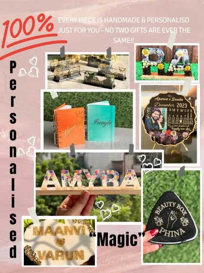 The magic of personalized gifts. This collage showcases the variety of 100% handmade items I can create, from name stands to calendar frames. No two gifts are ever the same.