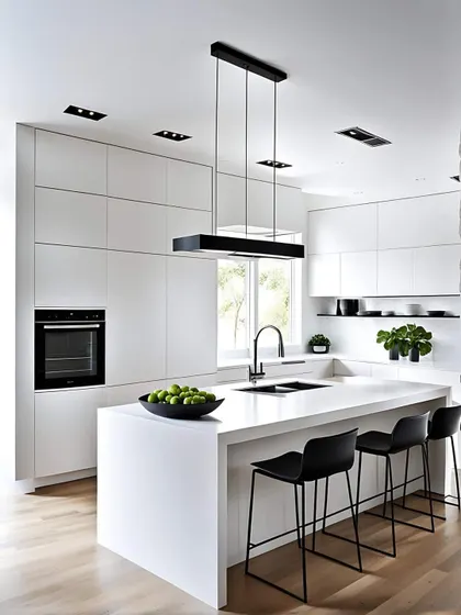 A hyper-minimalist kitchen with all-white, seamless cabinetry and a statement black light fixture. The integrated oven and handleless design create an ultra-clean look.