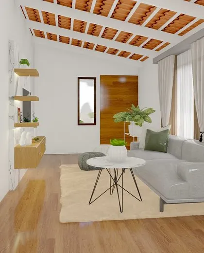 Another living room concept with a similar exposed tile ceiling, featuring an L-shaped sofa and minimalist decor for a clean, contemporary look.