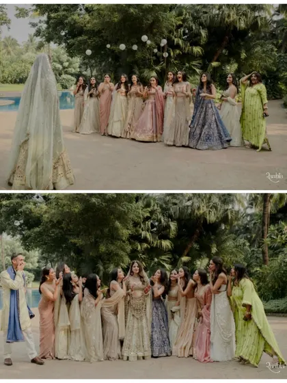 A fun "first look" with the bridesmaids. The collage shows their excited reactions as they see the bride in her wedding attire for the first time.