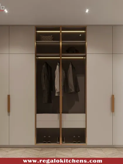 A minimalist wardrobe with a central open-faced section framed in a warm wood tone. This design is perfect for displaying favorite items while keeping the rest neatly tucked away.