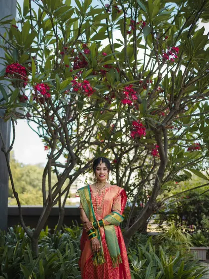 A wide shot of the bride standing under a beautiful flowering tree, creating a stunning environmental portrait that frames her perfectly.