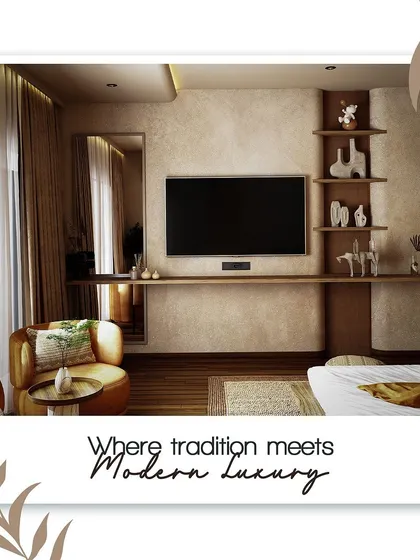 A view of the TV unit in the Phoenix One bedroom, which features a floating shelf and asymmetrical niches for decor.