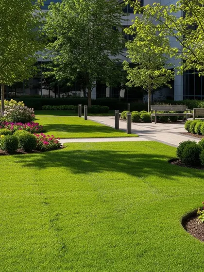 A corporate campus landscape with a rolling lawn, curved flower beds, and park benches. We design public spaces that are both beautiful and inviting.