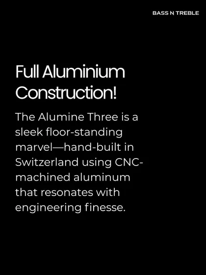A text slide explaining the full aluminum construction of the Stenheim Alumine Three speaker. It's hand-built in Switzerland using CNC-machined aluminum for incredible rigidity and engineering finesse.