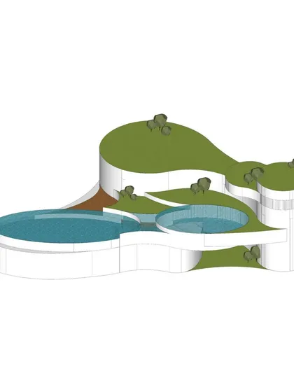 A 3d model of the concept, showing interconnected pools and green roofs.