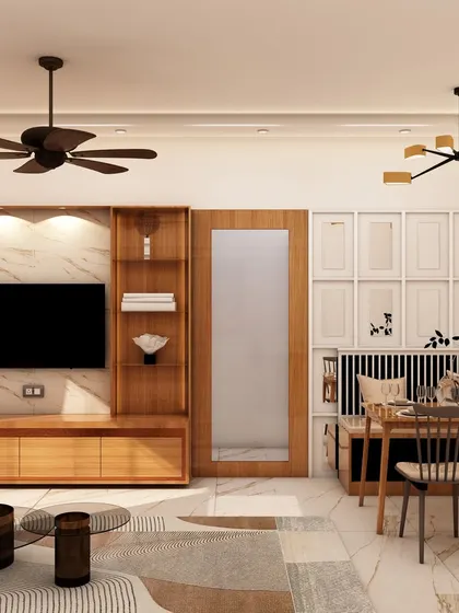 A 3D render of a full living and dining space, showcasing a cohesive design with warm wood tones, a comfortable brown sofa, and a compact dining set with bench seating.