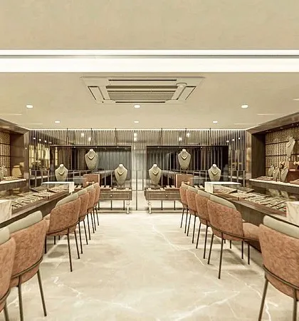 A render of the renovated jewellery store, showing the long, elegant layout and modern seating.