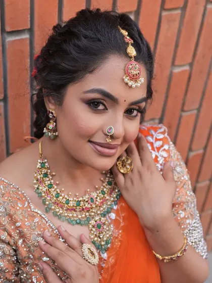 A close-up of the multi-colored Kundan set. The combination of green and pink stones makes it a versatile piece that can be paired with many outfits.