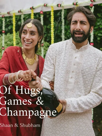 The title card for a photo story about Shaan and Shubham's homecoming, "Of Hugs, Games & Champagne." It sets the stage for a narrative of family fun and celebration.