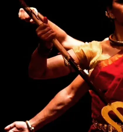 A close-up detail of a dancer's hands and arms during a performance, showing the muscular engagement and focused grip on a prop.