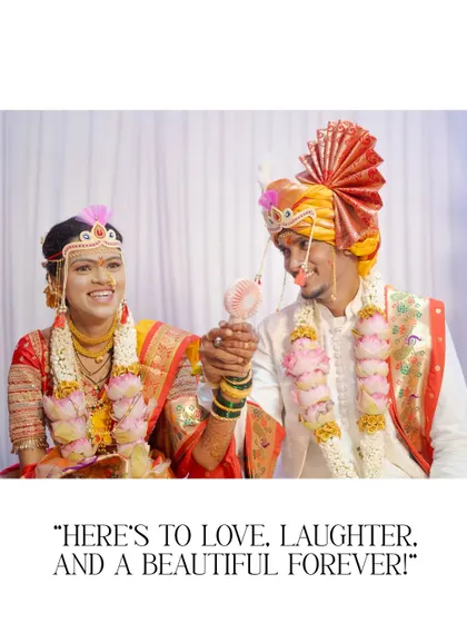 A fun ritual where the bride shows the groom his reflection in a mirror, a playful tradition captured with genuine smiles.