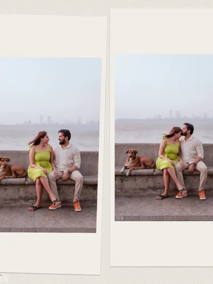A playful diptych of the couple at Marine Drive, including a candid moment with their dog.