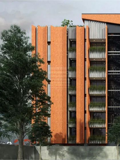 A side perspective of 'The Flutes', showing how the brick fins provide shading and privacy for the balconies. The design reinterprets traditional materials for modern, climate-responsive urban living.