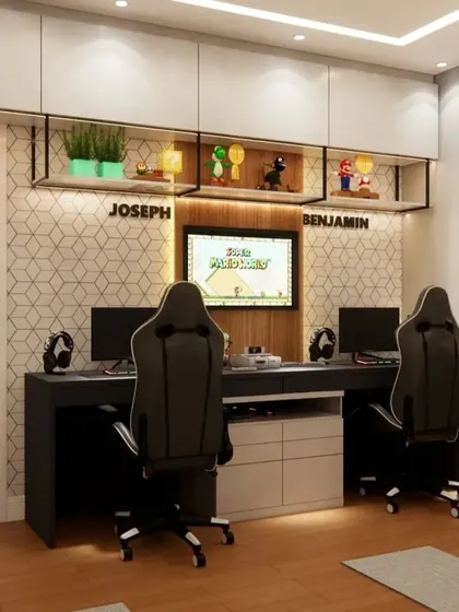 Another shot of the dual gaming setup, showing the personalized names on the wall.