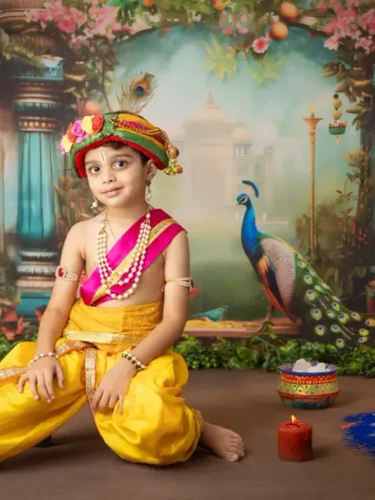 A confident pose from a young boy dressed as Krishna, sitting regally in front of the colorful rangoli and palace backdrop.