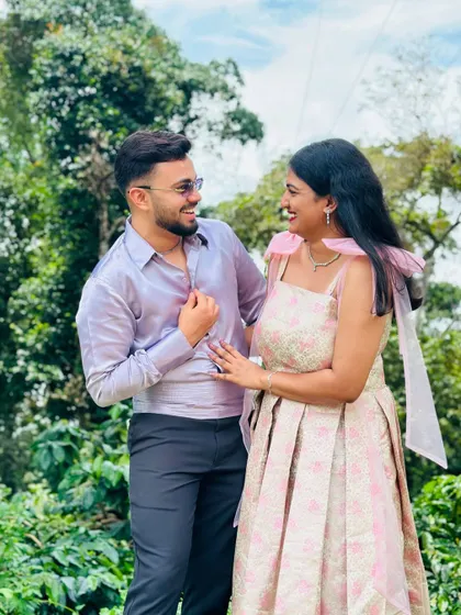 A happy couple during their pre-wedding shoot. The lady's dress was custom designed by me for their special photos.