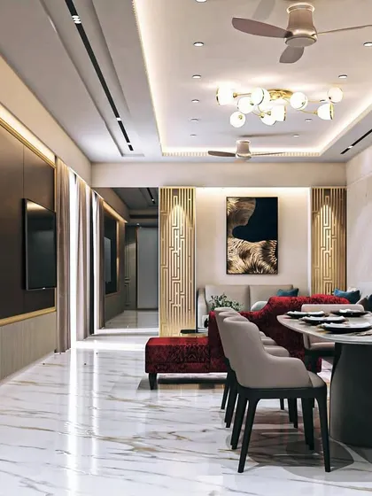 This luxurious open-plan space combines the living and dining areas under one cohesive design. I used marble flooring, fluted panels, and gold accents to create a continuous flow of modern elegance.
