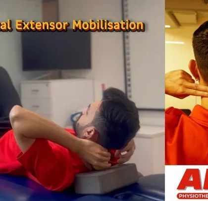 A demonstration of a cervical extensor mobilization exercise. This gentle movement helps to strengthen the muscles at the back of the neck, which is crucial for correcting forward head posture.