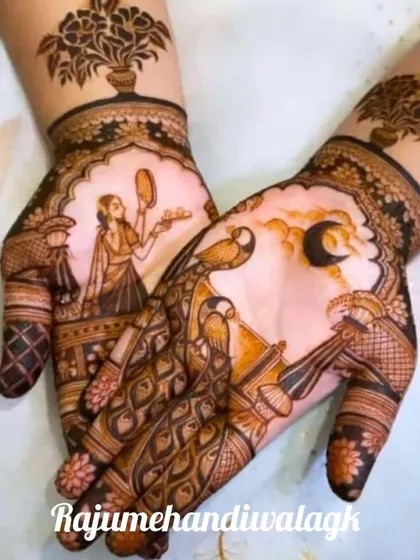This design combines the Karwa Chauth moon-sighting scene with beautiful peacock figures. The use of negative space makes the figures stand out.