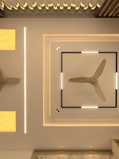 A 3D render of a false ceiling design. The combination of square and linear lights creates a modern and dynamic look.
