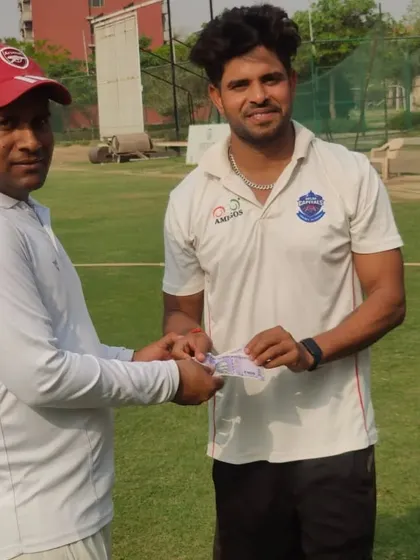 Our all rounder, Vinod Yadav, receiving an award for his match winning contribution of 56 runs in just 34 balls against Pioneer Cricket Club in a DDCA league match.