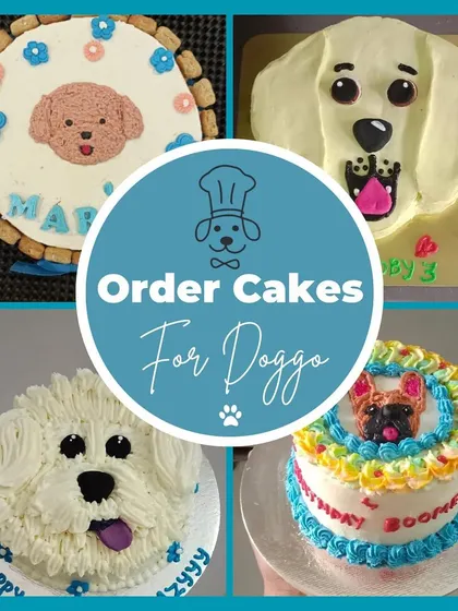 A collage showcasing the custom-designed birthday cakes for dogs available to order from our in-store Puppy Chef cafe.