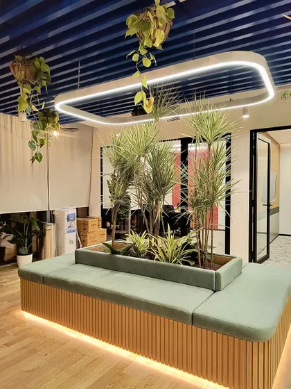 Another view of the central seating planter, this time featuring Dracaena plants. The hanging vines above and the upright plants in the center create layers of green that make the space feel vibrant and full of life.