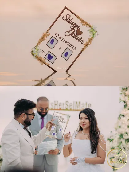 A unique, personalized sign for a beach wedding, celebrating the couple's union with their thumbprints.
