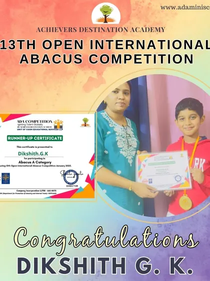 We are proud to celebrate Dikshith G.K. for securing a runner-up position in the 13th Open International Abacus Competition.