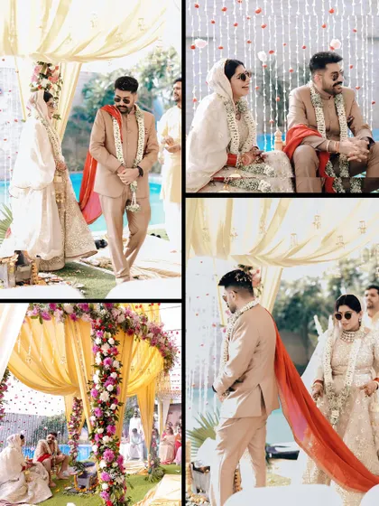 A collage from a beautiful poolside wedding, showing the couple during the ceremony under a floral mandap.