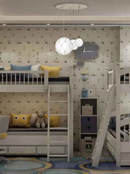 A great setup for a room shared by three kids, this design features two bunk beds and a separate study area. The nautical-themed wallpaper is fun and playful.