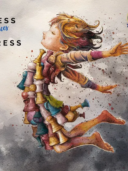 Chess reduces stress. This image of a child joyfully leaping, made of chess pieces, illustrates the mental release and focus that can come from being absorbed in a game.