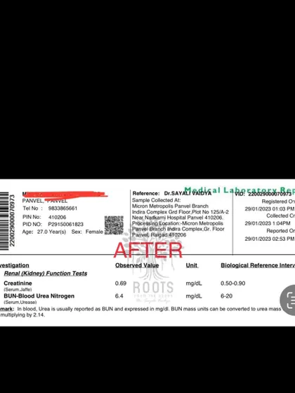 After: Her kidney function tests also returned to the normal range. This shows how a holistic Ayurvedic approach heals the entire system, not just one symptom.