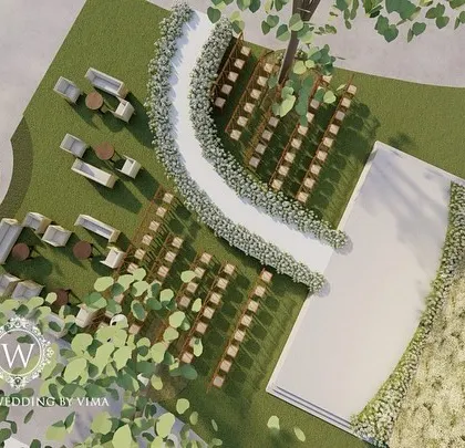 A 3D render of an elegant outdoor reception. This visual preview helps our clients see exactly how the aisle, seating, and stage will look, ensuring every detail is perfect.