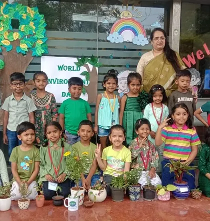 A full class of our little eco-warriors with their saplings, celebrating World Environment Day with enthusiasm and a sense of purpose.