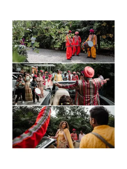 A three-panel collage showing the groom's arrival and the lively celebration with dhol players.