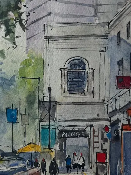 A closer view of the final sketch of the year, capturing a corner of Delhi with ink and watercolor.