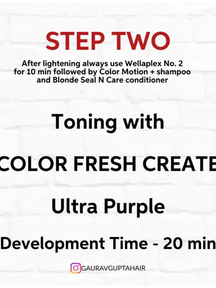 Step Two is toning with Color Fresh Create in Ultra Purple. This direct dye gives an intense, vibrant result that lasts.