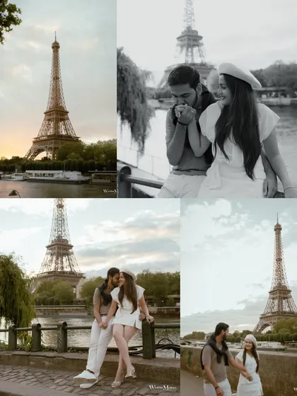 A collection of images from a Parisian elopement shoot, showcasing different angles of the Eiffel Tower and the couple's romantic journey through the city.