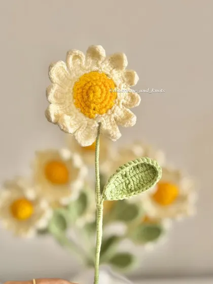 Here is a single crochet daisy stem with its leaf. This simple flower is perfect for adding to a mixed bouquet or for gifting as a small, sweet gesture.