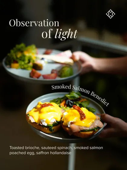 Weekend plans should include our Smoked Salmon Benedict. It's made with toasted brioche, sautéed spinach, smoked salmon, a poached egg, and a saffron hollandaise sauce.