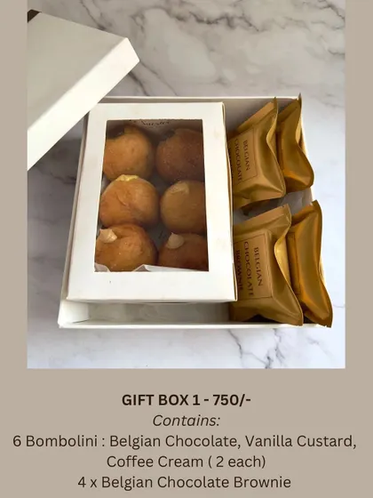 My Rakhi Edit includes a variety of gift boxes. This option combines two favorites: a box of six assorted bombolini and four of my signature Belgian chocolate brownies.