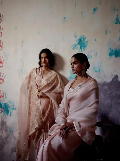 Another angle showcasing the delicate beauty of pastel-hued sarees. The focus here is on the soft drape and the way the light catches the fabric, creating a look of effortless grace.