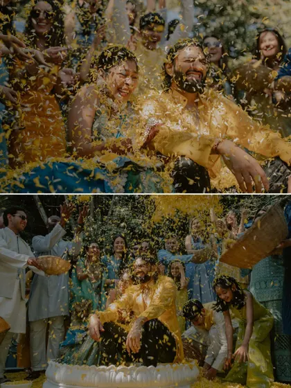 A diptych capturing the couple being showered with petals from different angles, emphasizing the celebratory chaos.