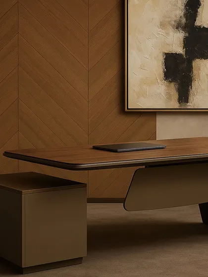This modern executive desk features a unique floating top and an angular support structure. It's a piece designed to command a room with its clean lines and architectural presence.
