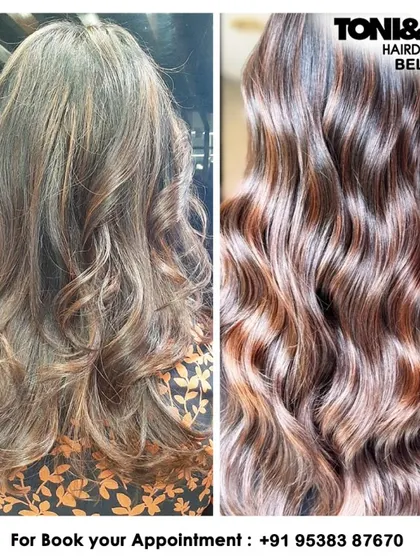 A before and after of a color and style refresh. We added warm highlights to enrich the client's base color and styled it with soft waves to showcase the new dimension and shine.